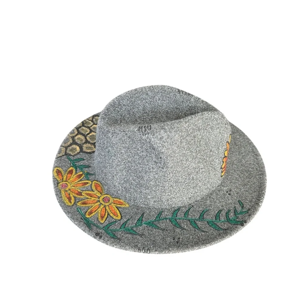 Hand-Painted Wool Fedora Hat | Floral & Bee Design | Artist Signed | NWOT